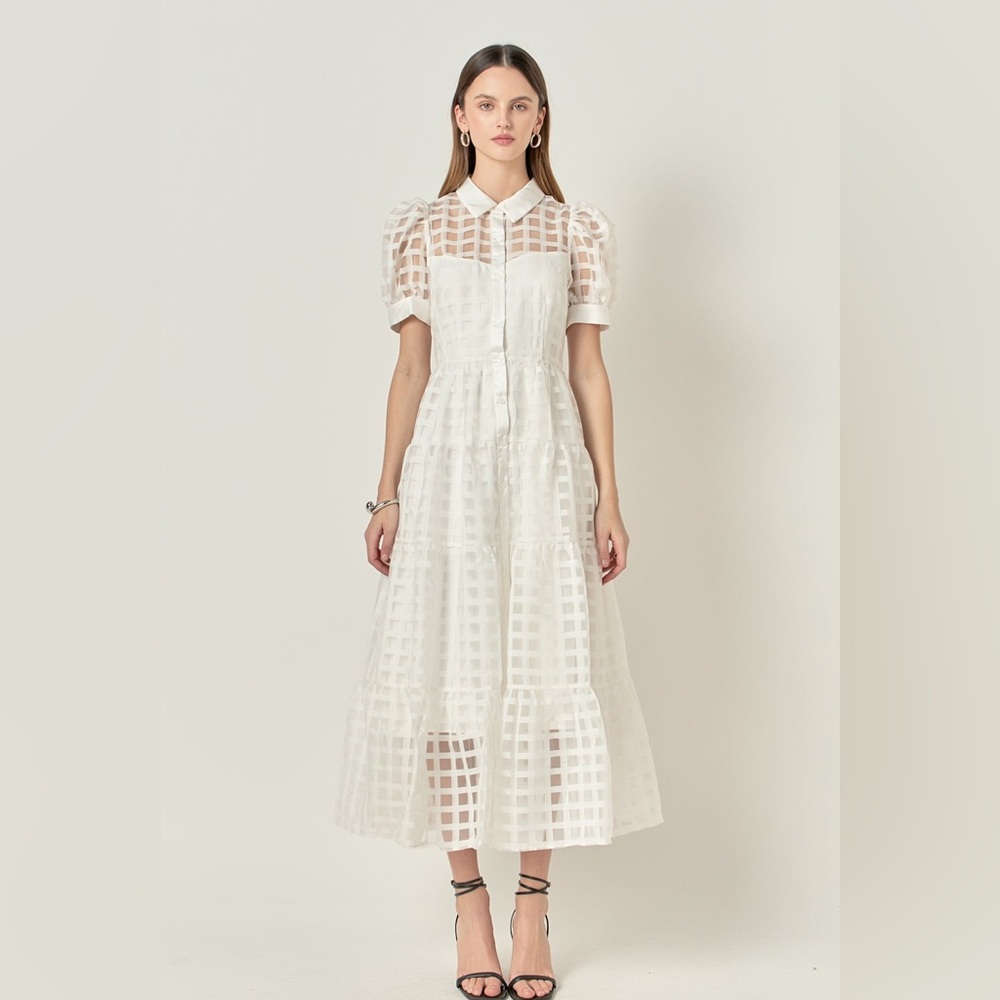 English factory gridded organza tired maxi dress size medium